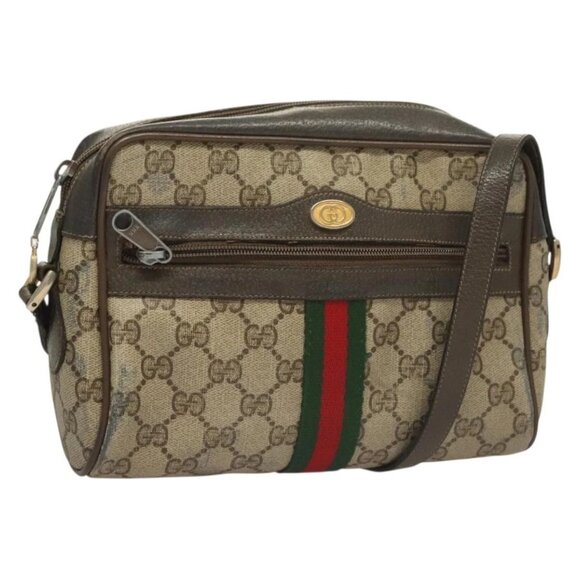 GUCCI GG Supreme Web Sherry Line Bag PVC Beige Gold 75 02 004 Auth BA3807 - Picture 1 of 16